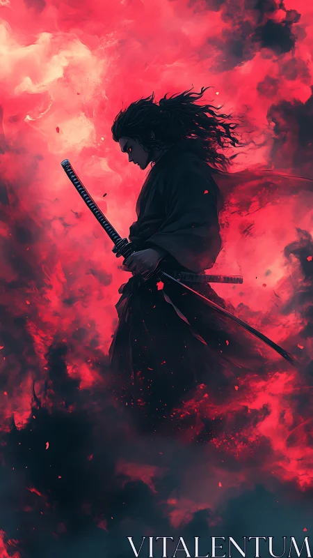 Lone samurai silhouette stands in crimson storm clouds