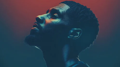 Neon-lit male portrait in dramatic upward profile focus.