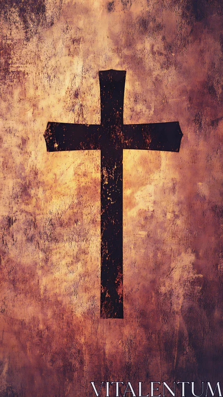 Weathered crucifix silhouette on textured ochre painted wall