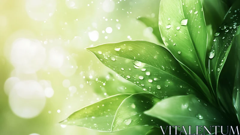 Macro view of green leaves with water droplets in daylight.