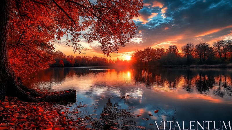 Cozy autumn lake sunset wrapped in glowing red and gold light.