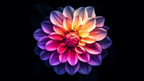 Multipetalous flower form with gradated color transitions on dark background