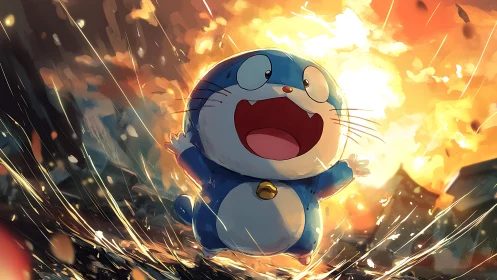Blue robotic cat character runs through fiery explosion