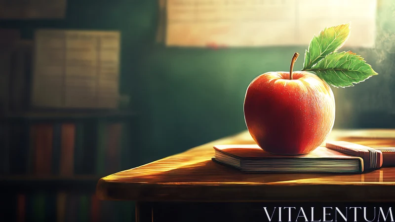 Red apple on school desk in warm classroom light.