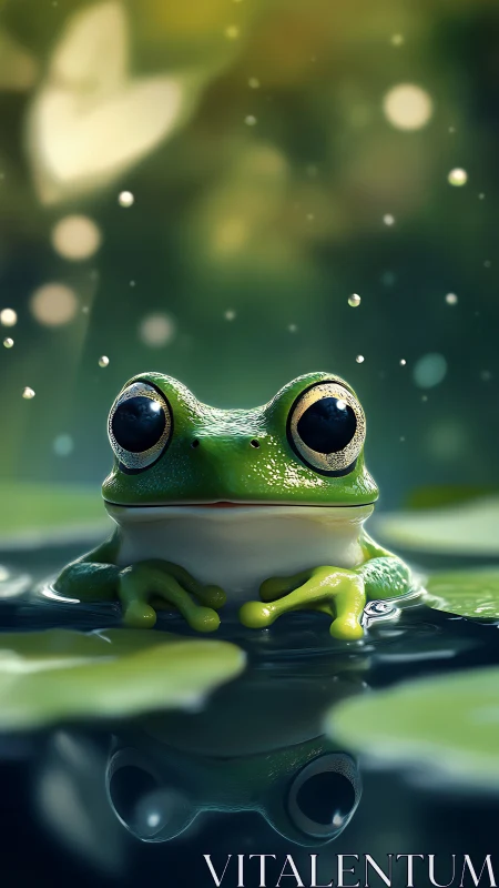 Emerald tree frog poised on lily pads in soft bokeh glow.