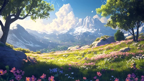 Sunlit alpine meadow unfolds beneath majestic snowy peaks