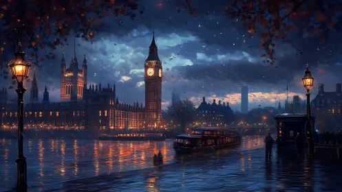Moody riverside London twilight with glowing Westminster lights.