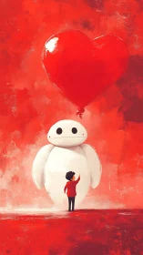 Ethereal Connection: Child and Oversized Companion. Heart Balloon Ascends.