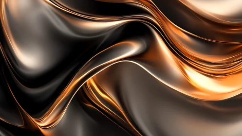 Metallic Liquid Waves Abstract Art in Black and Gold Tones.