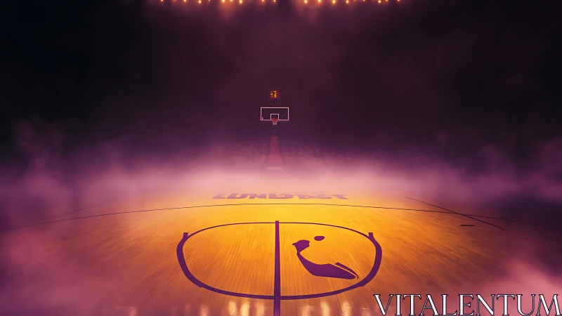Empty basketball court under fog and arena lights at night.