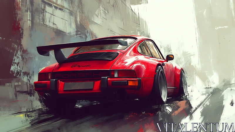 Aerodynamic red Porsche Carrera in abstract urban motion field.