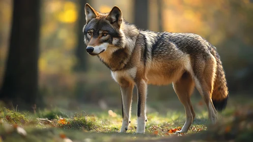 Timber wolf standing in golden backlit autumn forest scene.