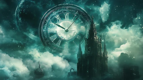 Celestial clock over dreamy gothic city in swirling starlight.