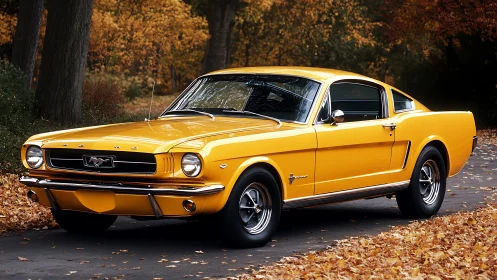 Golden classic fastback muscle car in autumn foliage.