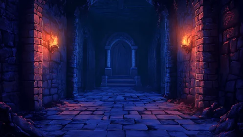 Stone corridor with torches leading to arched doorway.