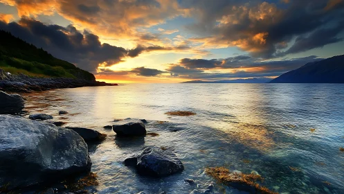 Rock whispering shore beneath a wildfire painted sunset.