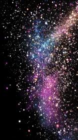 Colored particle field forms dense diagonal band on black background