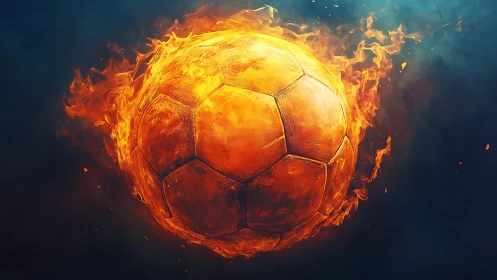 Incandescent flaming soccer ball rendered in cinematic digital style