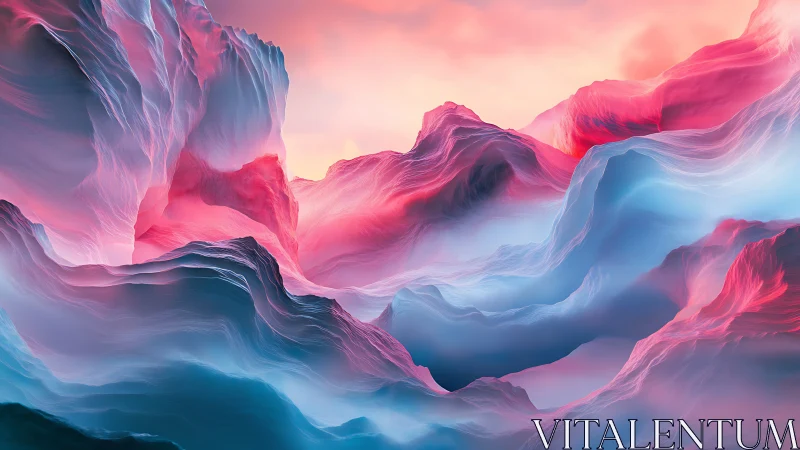 Dreamlike neon mountains glow in soft pink and cyan light