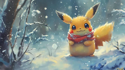 Pikachu in a snowy forest wrapped in a warm red scarf.