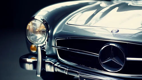 Close-up frontal study of a classic Mercedes grille and chrome body