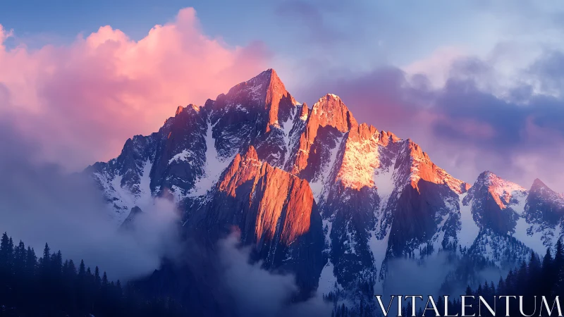 Sunlit alpine peaks above misty forest at sunset.