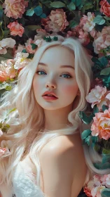 Blonde woman lies in lush rose garden under soft daylight