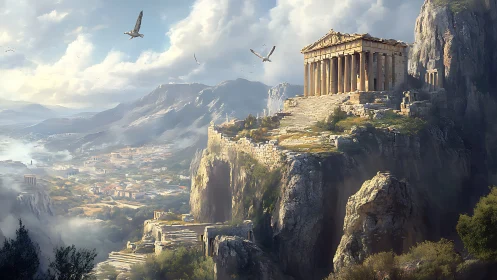 Sunlit Greek acropolis perched above a dreamy valley.