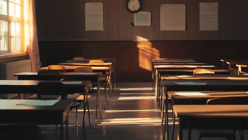Empty classroom waits in warm afternoon exam light