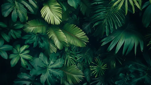 Lush tropical foliage canopy in rich emerald gradients.