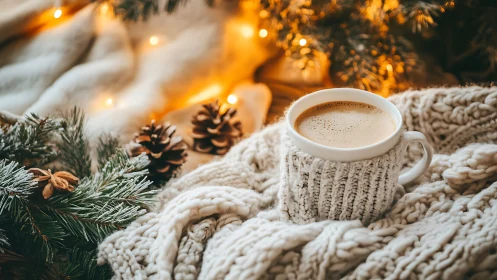 Cozy coffee mug rests amid knits and winter greenery glow.