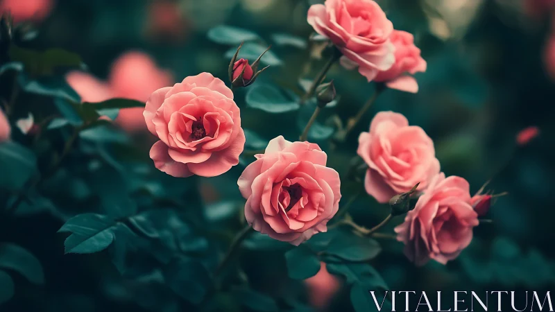 Pink roses with teal foliage in soft-focus garden setting.
