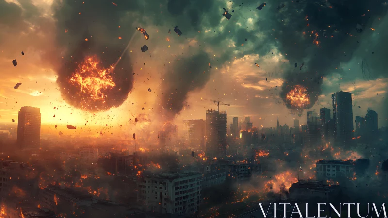 Meteor firestorms tear through a collapsing modern cityscape.