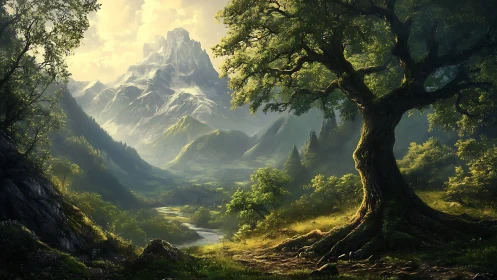 Mountain Valley Landscape with Alpine Peak and Dense Forest
