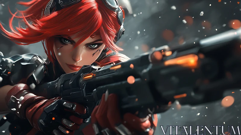 Cyberpunk sniper with fiery hair locks onto her target.