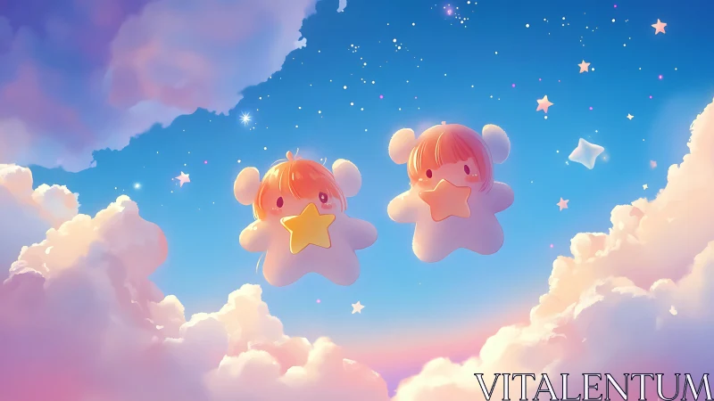 Soft pastel star sprites floating in luminous gradient cloudscape