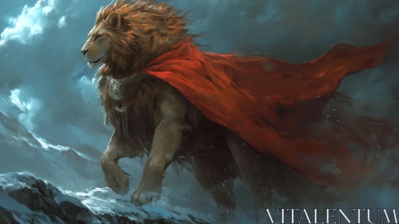 Majestic lion guardian striding through stormlit mountains.