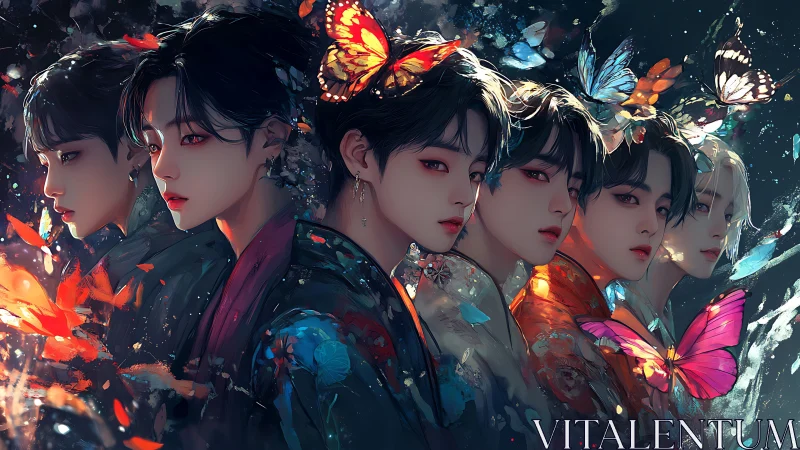 Butterfly-crowned dreamers drift through prismatic midnight.