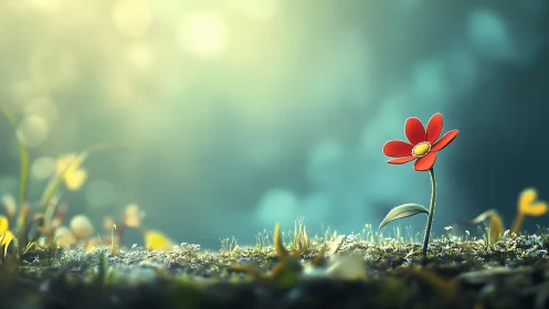Red Wildflower Blooming Among Moss in Soft Daylight
