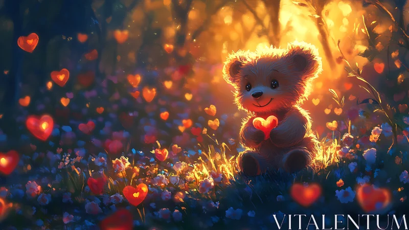Backlit plush bear in bokeh heart-saturated meadow environment.