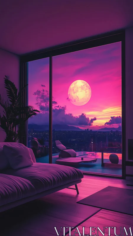 Luxe skyline suite with neon magenta lunar horizon view.