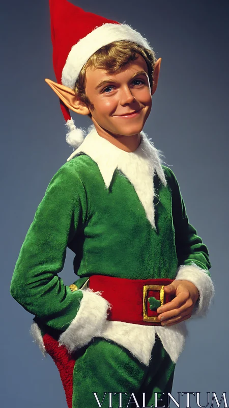 Mischief-eyed Christmas elf beaming in plush green velvet.