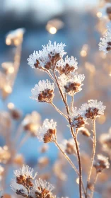 Frost-Covered Plant Stems with Crystalline Ice Formation