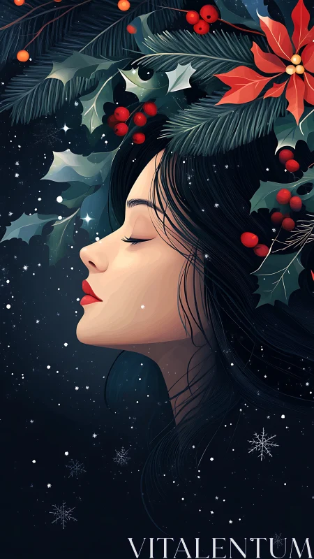 Winter profile portrait with festive holly crown and snow.