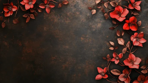 Red Blossoms on Rust: Floral Frame Against Weathered Surface