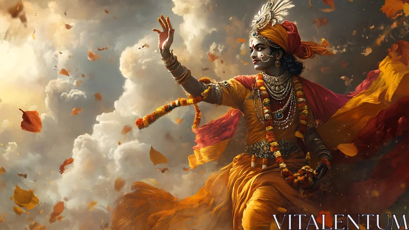 Divine dancer moves through swirling clouds and petals.