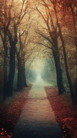 Misty Forest Path Through Ancient Trees in Autumn