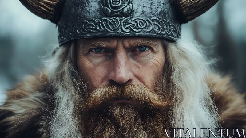 Weathered Viking warrior gazes forward with fierce calm strength