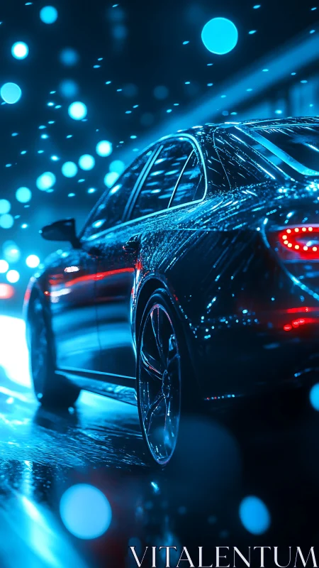 Sleek sedan reflects neon rain on wet night highway.