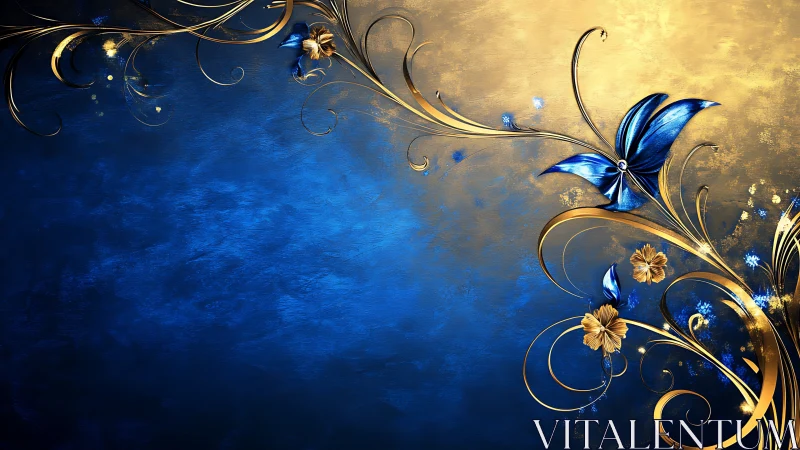 Blue gold floral scrollwork over textured gradient canvas.